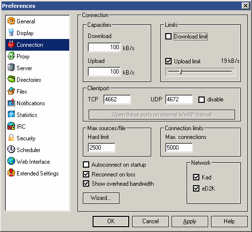 Emule connection preferances